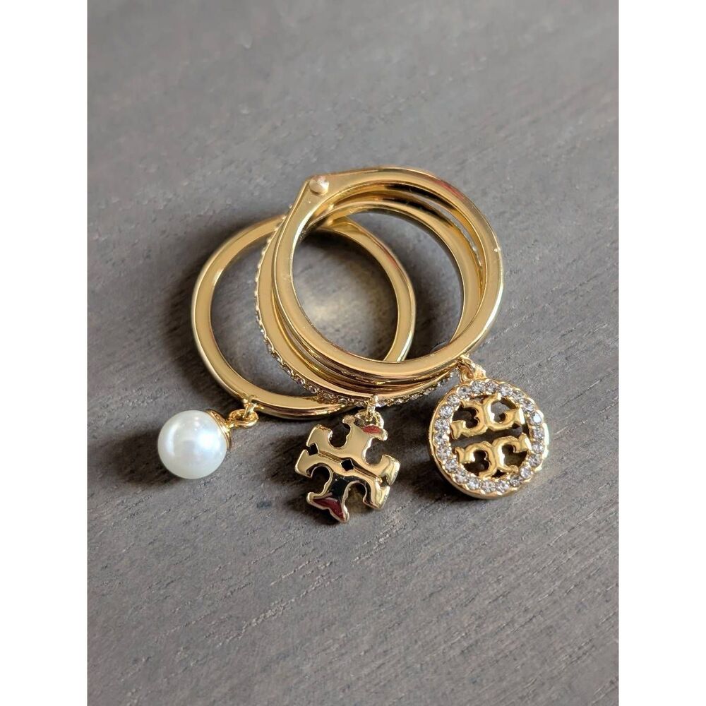 TORY BURCH Miller Pave Crystal Pearl Logo Stackable Trio Rings Size 7